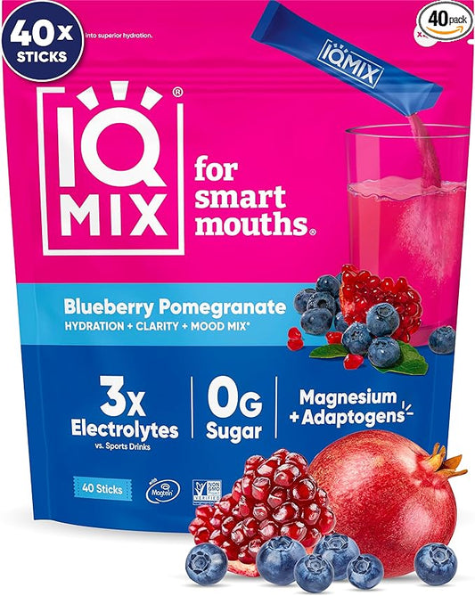 IQMIX Hydration Electrolyte Powder – 4-in-1 Formula for Hydration, Mental Clarity, Mood and Recovery – Sugar-Free Drink Mix, Keto, Magnesium L-Threonate, Lion’s Mane – 40 Count Blueberry Pomegranate
