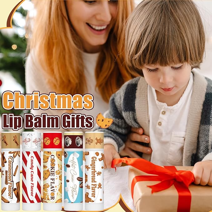 50 Pcs Christmas Lip Balms Gifts Bulk Cane Hot Cocoa Cookie Cinnamon Gingerbread 5 Assorted Flavor Holiday Party Treat Goodie Bags Stuffers Small Gifts for Friends Neighbors Colleagues
