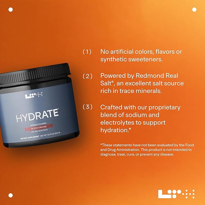 LTH Hydrate Hydration Mix - Trusted by Life Time Fitness Members - NSF Certified for Sport - Premium Electrolyte Powder - Plant-Based, Non-GMO, Gluten Free & Dairy Free - 60 Servings (Blood Orange)