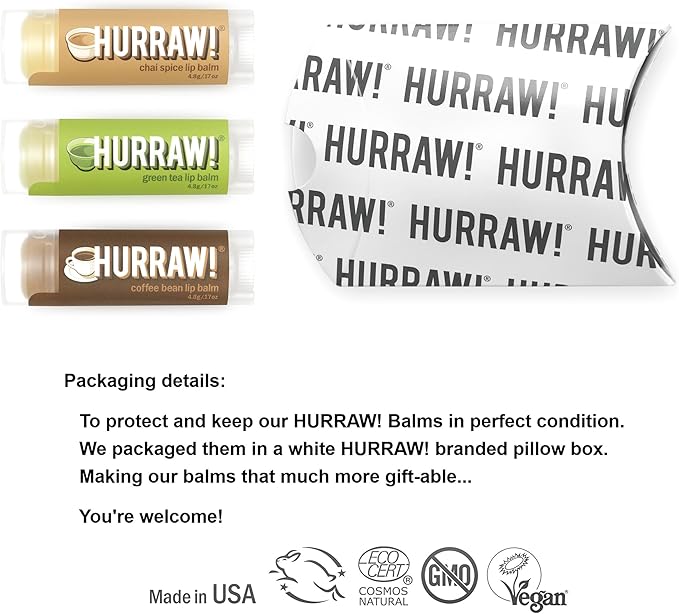 Hurraw! Chai Spice, Green Tea, Coffee Bean Lip Balms, 3 Pack Bundle: Organic, Certified Vegan, Cruelty and Gluten Free. Non-GMO, 100% Natural Ingredients. Bee, Shea, Soy and Palm Free. Made in USA