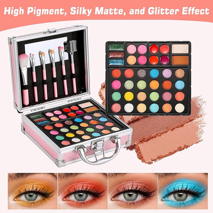 Anpro All-In-One Makeup Carry Case with Pro Teen Makeup Set, Full Starter Cosmetics Kit with Makeup Brushes, Eye Shadows Palette, Blushes, Glitter Gel, Temporary Tattoo Stickers - Blue