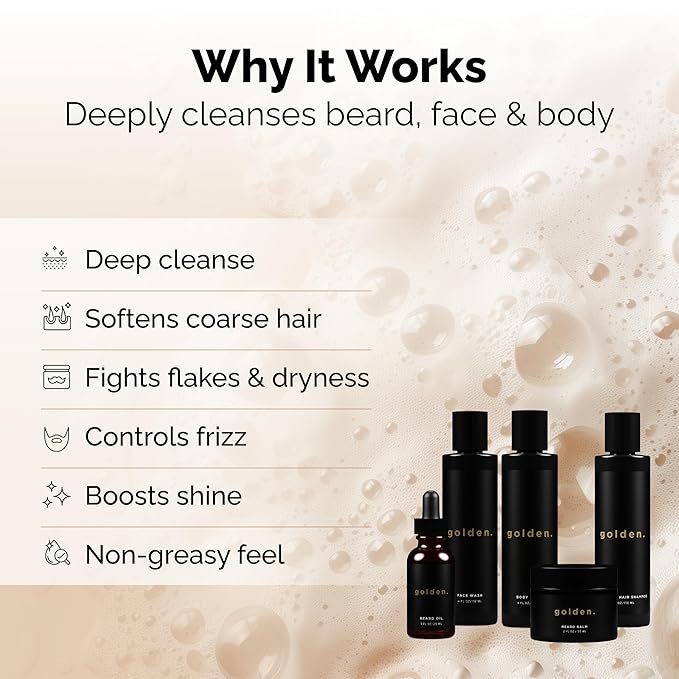 Golden Grooming Co. Everyday Grooming Bundle for Textured Hair & Melanin-Rich Skin | Essential Beard & Skincare Kit with Beard Shampoo, Face Wash, Beard Oil, Body Wash & Beard Balm