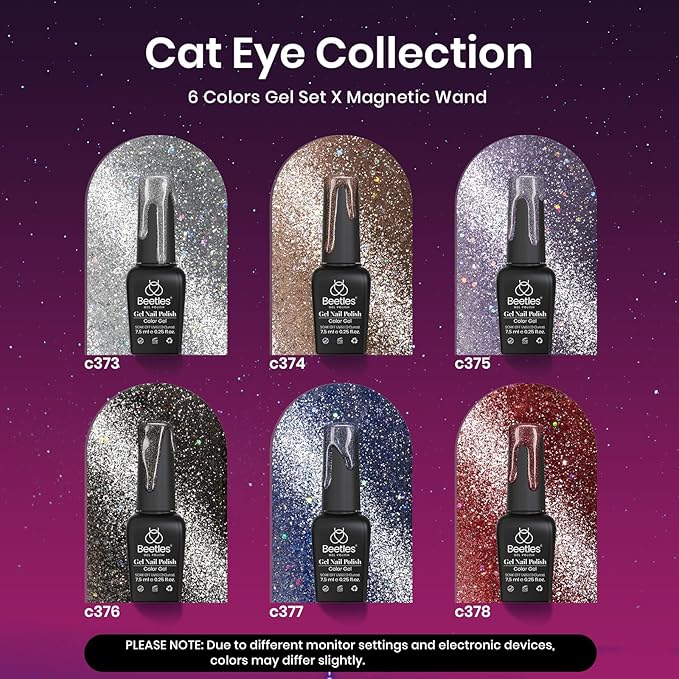 Beetles Cat Eye Gel Nail Polish Set 6 Colors Glitter Red Purple Blue Nail Polish with Magnet Spring Gel Polish Soak Off U V Led Gifts for Women Girls Salon DIY Home