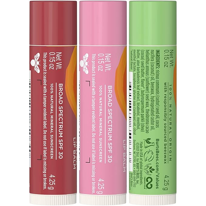 Burt's Bees Sun Care Lip Balm Pack, SPF 30 Tinted Lip Balm, After Sun Lip Balm, Water-Resistant Lip Moisturizer, Wild Peony, Sienna Rose, Natural Origin Lip Care, 3 Tubes, 0.15 oz.