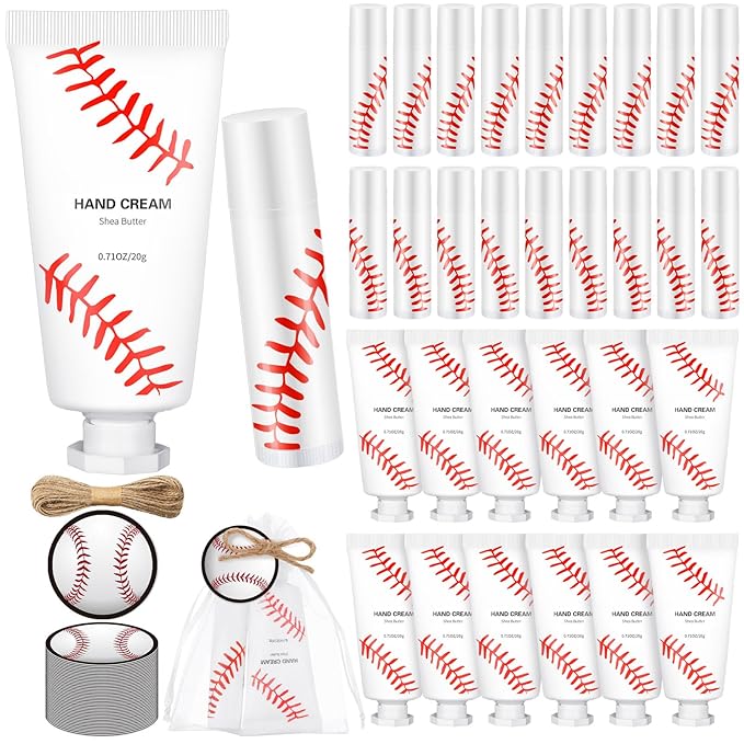 144 Pcs Baseball Lip Balm Hand Cream Set Baseball Party Supply, Include 36 Baseball Lip Balm 36 Moisturizing Hand Cream 36 Baseball Bag 36 Baseball Card and Rope for Baseball Accessories Gifts