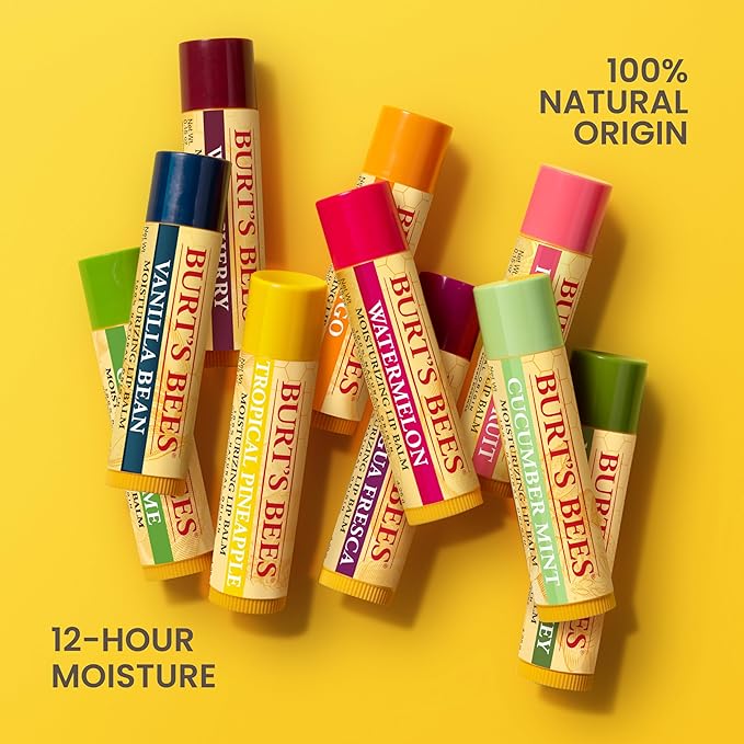 Burt's Bees Lip Balm - Berry Agua Fresca, Dragonfruit Lemon, Coconut & Pear, Tropical Pineapple Pack, With Beeswax, Tint-Free, Natural Origin Lip Treatment, 4 Tubes, 0.15 oz.