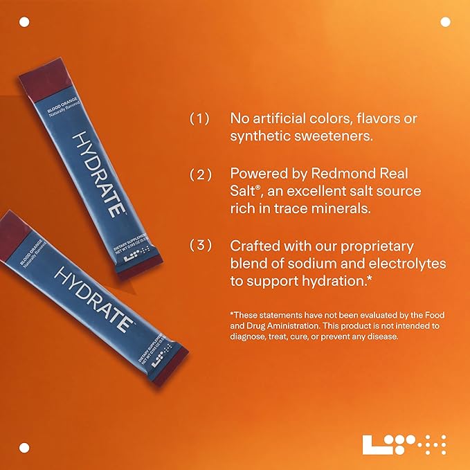 LTH Hydrate Hydration Mix - Trusted by Life Time Fitness Members - NSF Certified for Sport - Electrolyte Powder - Plant-Based, Non-GMO, Gluten Free - 15 Single-Serve Packets (Blood Orange) - 2-Pack