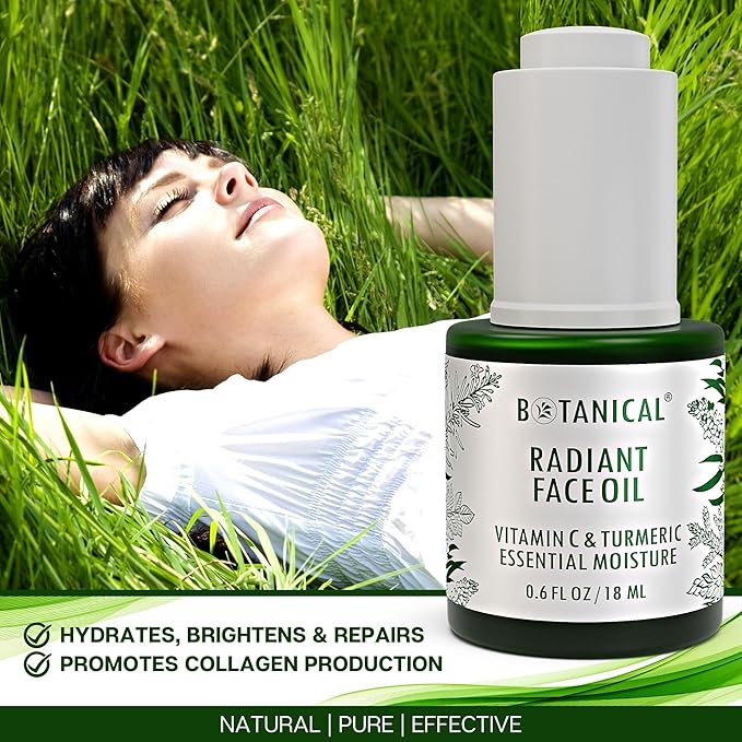 Botanical Radiant Face Oil | Skin Brightening Turmeric & Vitamin C Serum w/Gua Sha Lift Scraper | Organic, Pure, Natural Skincare (0.6 fl oz | 18 ml)