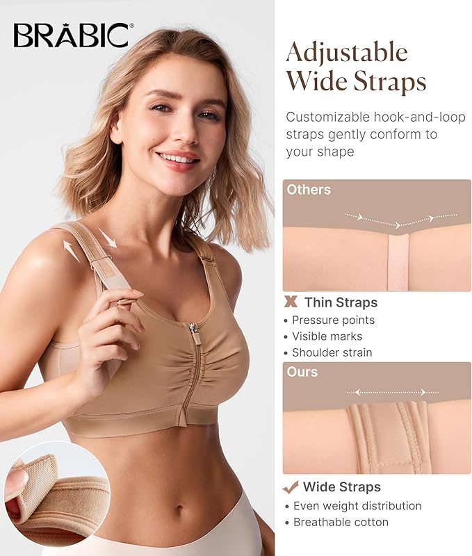 BRABIC Zip Front Closure Everyday Bra for Women Post Surgery Compression Support with Adjustable Straps Wirefree