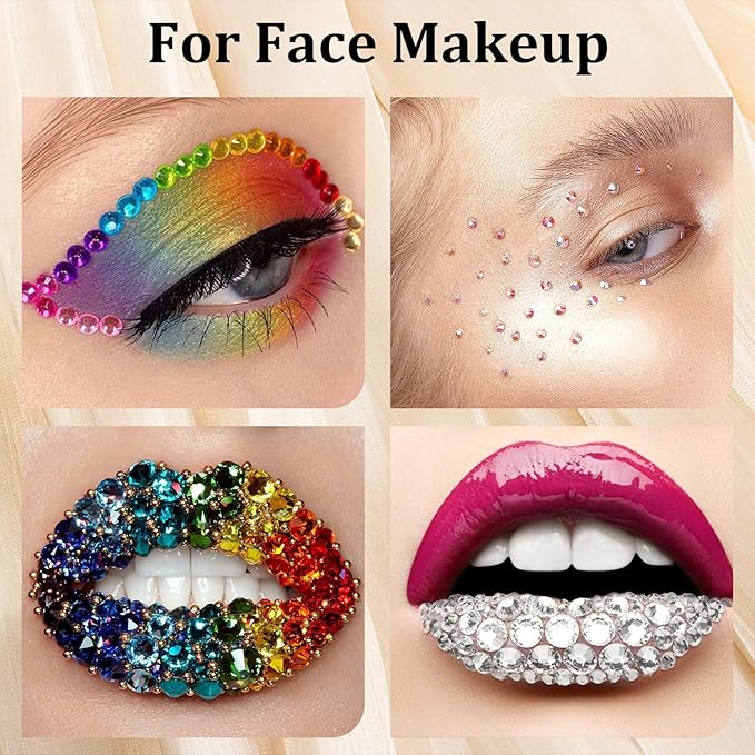 Colorful Face Gems for Makeup Set, Flatback Gorgeous AB Gems+Mixed-Colored Chameleon Crystals with Makeup Glue+Picker Pencil+Tweezer+Dual-End Dotting Tool for Eye Body Hair Make-up and Nail Art Deco