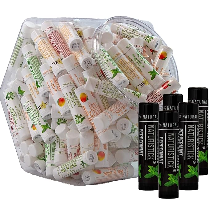 155-Pack Lip Balm in Bulk by Naturistick. Assorted Scents. 100% Natural Ingredients. Includes Display Fishbowl. Best Beeswax Chapstick for Dry, Chapped Lips. Made in USA