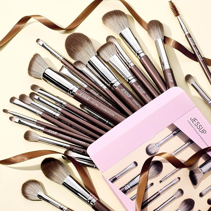 Jessup Makeup Brushes Set Professional 25pcs Premium Synthetic Make up Brushes for Foundation Eyeshadow Blending Concealer Blush Contour Bronzer Eyeliner Eyebrow, Shimmer Brown T511