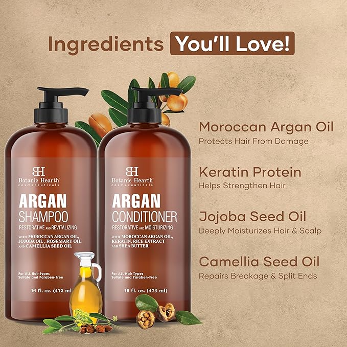 Botanic Hearth Argan Oil Shampoo And Conditioner Set | 16 Fl Oz Each With Keratin, Restorative & Moisturizing, Sulfate Free | All Hair Types & Color Treated Hair, Men And Women | (Packaging May Vary)