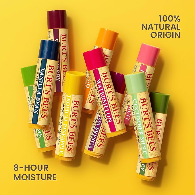 Burt's Bees Lip Balm - Berry Agua Fresca, Dragonfruit Lemon, Coconut & Pear, Tropical Pineapple Pack, With Beeswax, Tint-Free, Natural Origin Lip Treatment, 4 Tubes, 0.15 oz.
