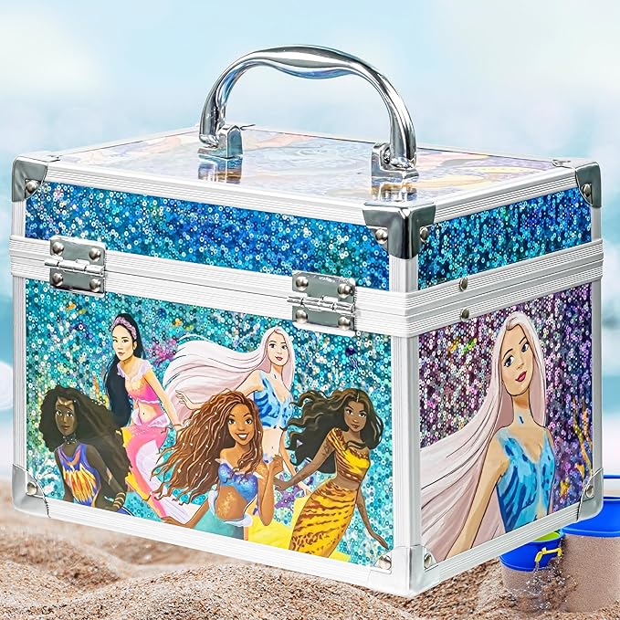 Little Mermaid Train Case Beauty Set, Kids Makeup Kit for Girls, Real Washable Toy Makeup Set, Play Makeup, Pretend Play, Party Favor, Birthday, Toys Ages 3 4 5 6 7 8 9 10 11 12