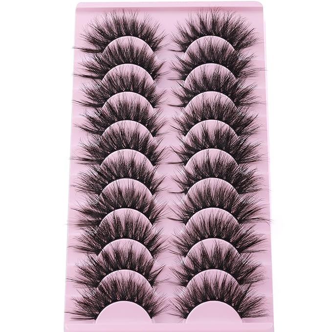 FANXITON False Eyelashes Fluffy Mink Lashes 20 mm Cat Eye Lashes Long 5D Wispy Dramatic 10 Pairs Pack