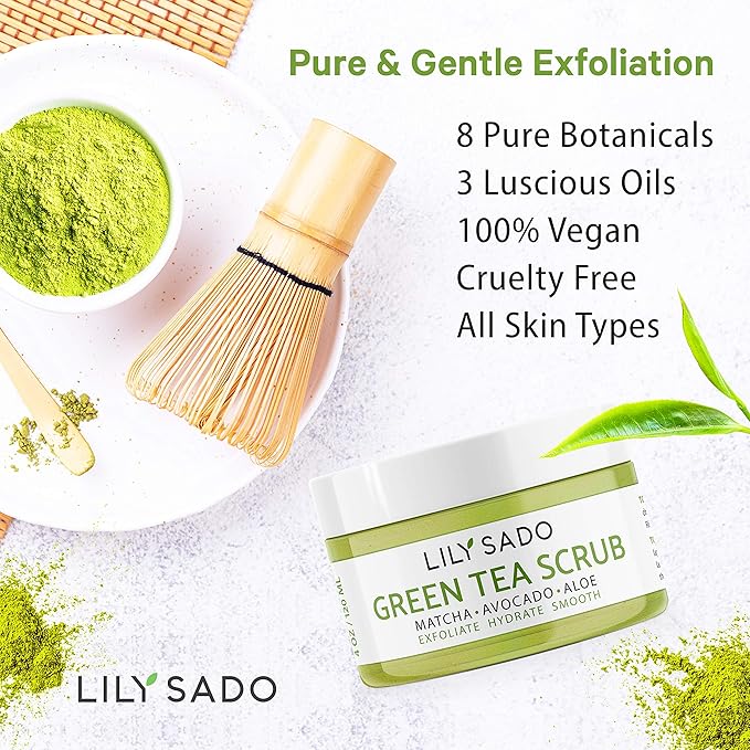 LILY SADO MATCHA MADE IN HEAVEN™ Sugar Facial Scrub - Best Daily Facial Exfoliating Cleanser for Women & Men - Vegan Face Wash Exfoliates Skin, Treats Acne, Reduces Pore Size - 4 oz