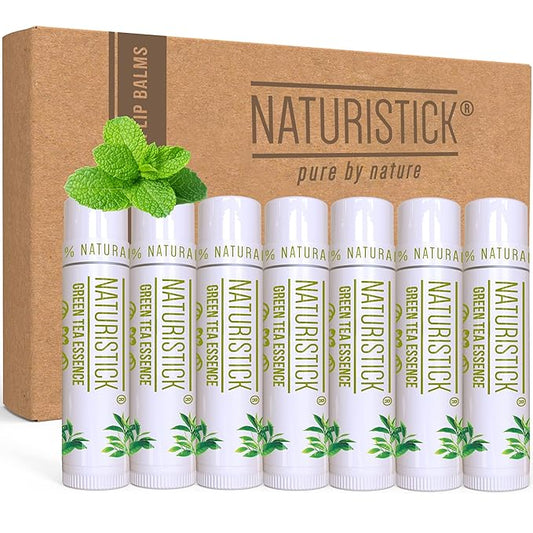 7-Pack Green Tea Lip Balm Gift Set by Naturistick. 100% Natural Ingredients. Best Beeswax Chapstick for Dry, Chapped Lips. Made in USA