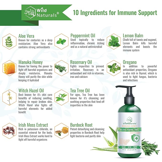 Pure Aloe Vera Gel Hand Cleaner - 100% Aloe Vera Gel Organic with Manuka Honey, Witch Hazel, Peppermint, Oregano, Rosemary, & Cleansing Tea Tree - Organic Waterless Purifying Wash