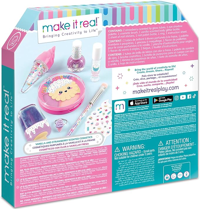 Make It Real: Candy Shop Cosmetic Set - 9 pcs, Vanilla & Strawberry Scented Cosmetics, Ice-Cream Shaped Glosses, Beauty Kit, Tweens, Girls & Kids Ages 8+