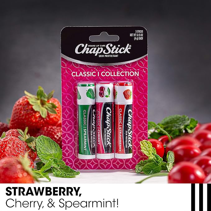 ChapStick Lip Care Set, Classic Collection 3-Pack – Spearmint, Cherry, and Strawberry Lip Balm, 0.15 Ea