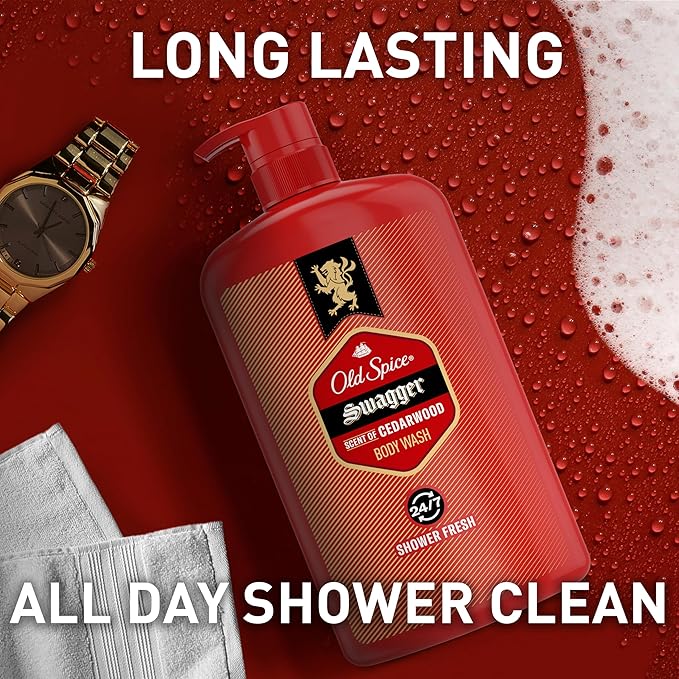 Old Spice Body Wash for Men, 24/7 Shower Fresh with Lasting Scent, Red Collection, Swagger with Cedarwood Scent, 33.4 fl oz (Pack of 4)