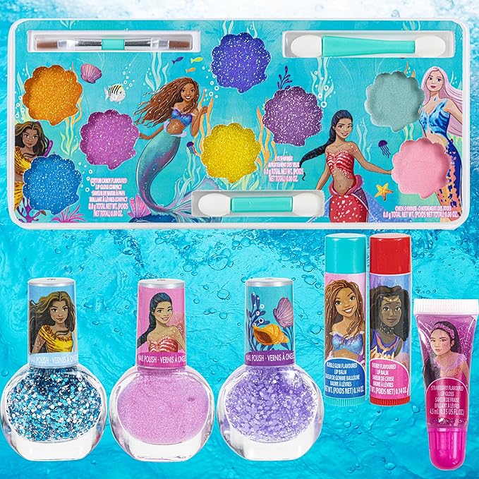 Little Mermaid Train Case Beauty Set, Kids Makeup Kit for Girls, Real Washable Toy Makeup Set, Play Makeup, Pretend Play, Party Favor, Birthday, Toys Ages 3 4 5 6 7 8 9 10 11 12