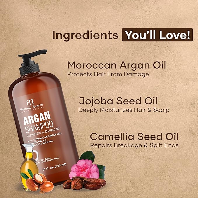 Botanic Hearth Argan Shampoo, Hydrating & Volumizing, Sulfate & Paraben Free, All Hair Types & Color Treated Hair, Men and Women 16 fl oz