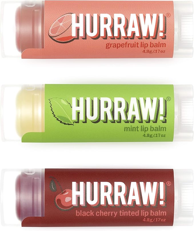 Hurraw! Grapefruit, Mint, Black Cherry Tinted Lip Balms, 3 Pack Bundle: Organic, Certified Vegan, Cruelty and Gluten Free. Non-GMO, 100% Natural. Bee, Shea, Soy & Palm Free. Made in USA