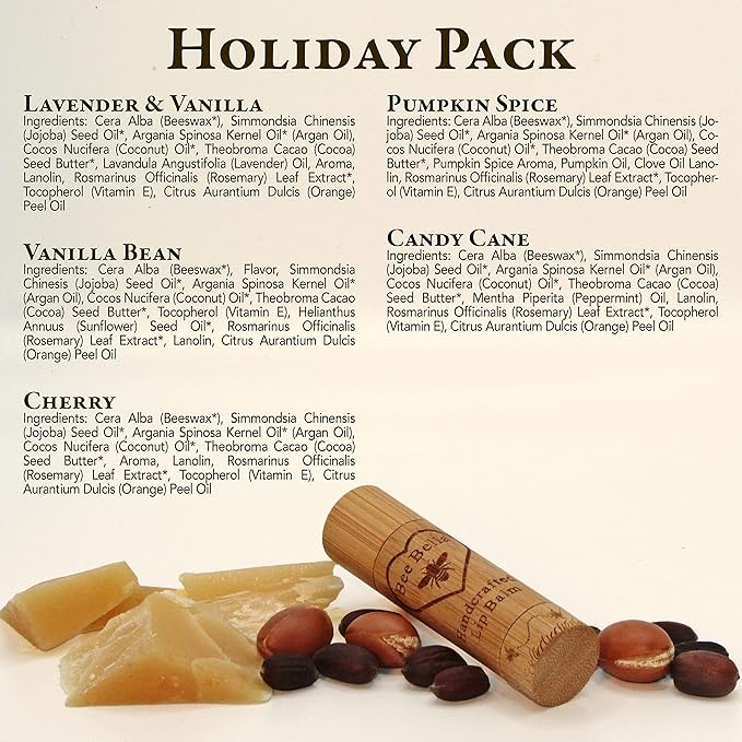 Bee Bella Lip Balm Holiday Gift Box, Cherry, Lavender Vanilla, Vanilla Bean, Pumpkin Spice, Candy Cane, 5 Pack - Hydrating, Moisturizing, Natural, Organic Beeswax with Vitamin E, Handmade in USA