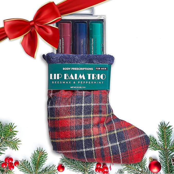 Body Prescriptions Lip Balm Trio for Men - Beeswax and Peppermint | Christmas Stocking Present Set | Nourishing and Moisturizing Formula | Protect and Hydrate Dry Lips | Great Holiday Present for Him