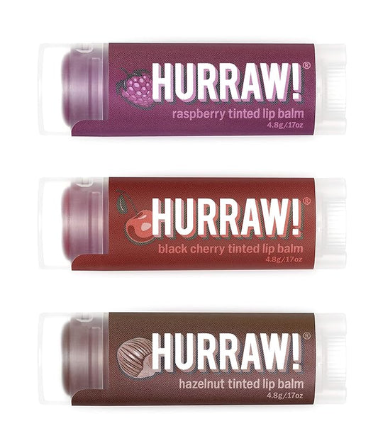 Hurraw! Raspberry Tinted, Black Cherry Tinted, Hazelnut Tinted Lip Balms, 3 Pack Bundle: Organic, Certified Vegan, Cruelty & Gluten Free. Non-GMO, 100% Natural. Bee, Shea, Soy & Palm Free. Made in USA