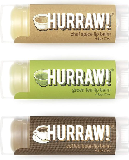 Hurraw! Chai Spice, Green Tea, Coffee Bean Lip Balms, 3 Pack Bundle: Organic, Certified Vegan, Cruelty and Gluten Free. Non-GMO, 100% Natural Ingredients. Bee, Shea, Soy and Palm Free. Made in USA