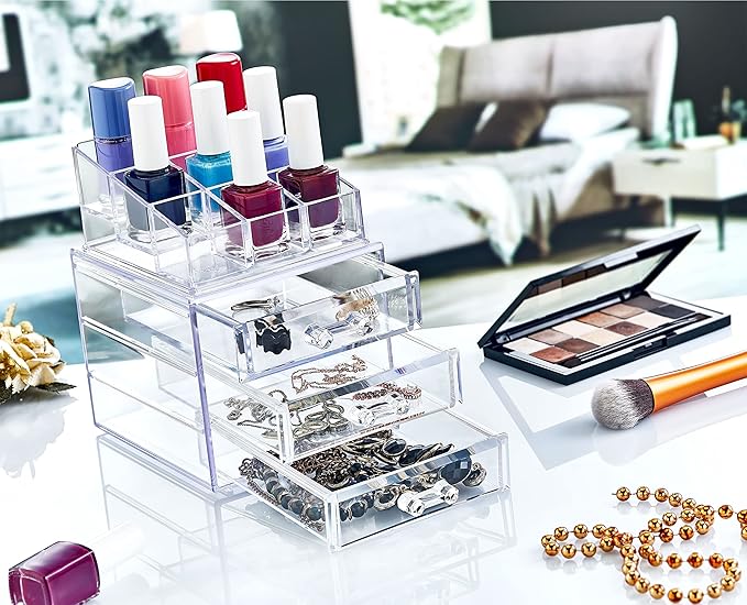 Boxup Makeup Organizer 3 Drawers,Makeup Organizers For Nail Polishers Clear Cosmetic Display Cases Stackable Storage Box With 3 Drawers For Vanity