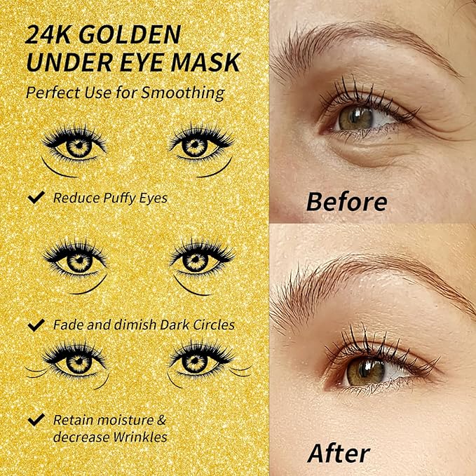 Eye Gel Pads - 24 Pairs Golden Under Eye Patches with Collagen & Hyaluronic Acid, Anti-Aging Eye Mask for Puffiness, Dark Circles & Wrinkles, Relieve, Refreshing & Revitalize Skin