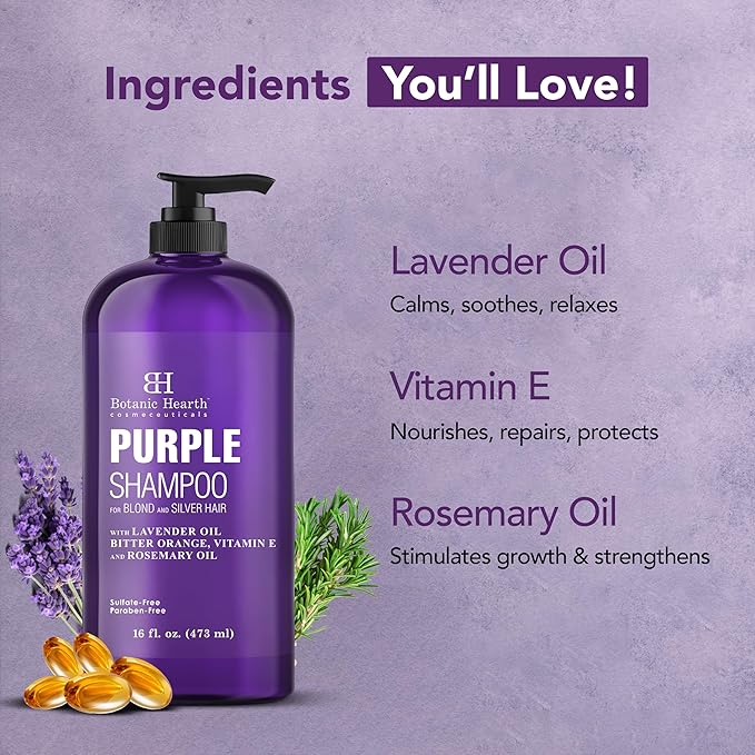 Botanic Hearth Purple Shampoo 16 Fl Oz | For All Shades Of Blonde, Silver & Gray Hair | With Lavender Oil, Vitamin E & Rosemary Oil | Sulfate & Paraben Free