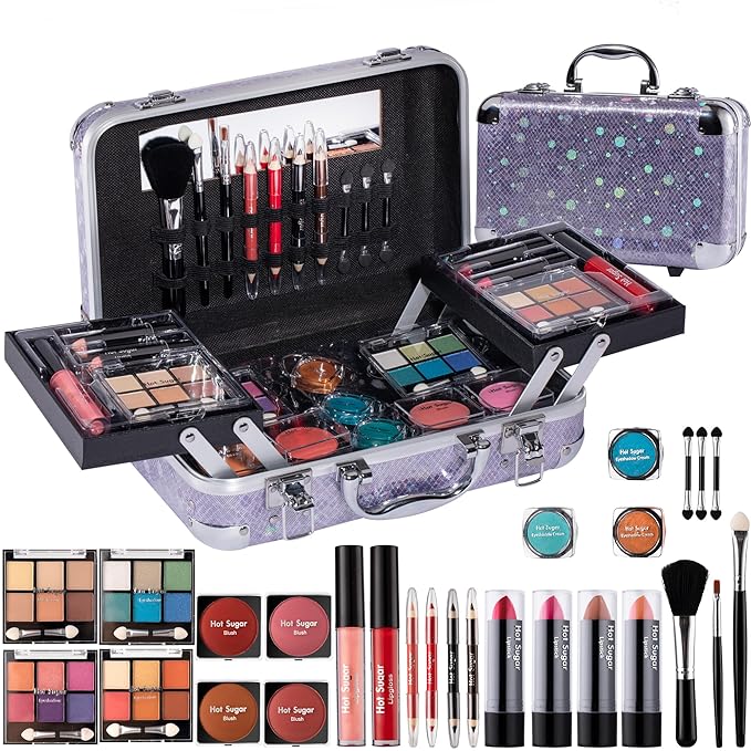 Hot Sugar Makeup Kit for Girls 10-12, Teen Girls Makeup Set for Beginners With Eye Shadow Palette, Blush, Lip Gloss, Brush, Mirror (Colored Bubble)