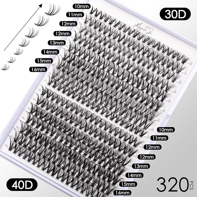 Lash Clusters DIY Lash Extensions Kit 320pcs Individual Lashes Clusters 30D 40D D Curl Eyelash Extension Kit with Applicator and Lash Bond&Seal,Clusters Lash Glue Remover Mix 10-16mm (30D+40D-320 KIT)