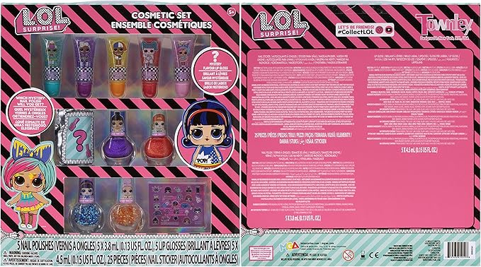 LOL Surprise Townley Girl 11 Pcs Sparkly Cosmetic Makeup Set for Kids Includes 5 Lip Gloss, 5 Nail Polish & Nail Stickers for Girls Tweens, Ages 3+ Perfect for Parties, Sleepovers and Makeovers