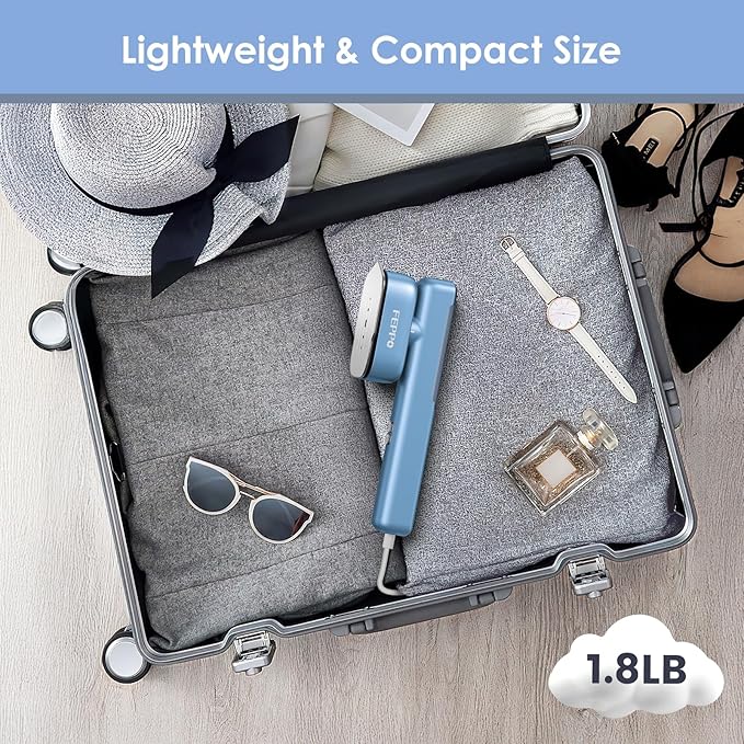 FEPPO Travel Steamer for Clothes, 110-240V Dual Voltage Portable Mini Steamer & Iron 2in1, 1100W Powerful Garment Steamer, Fast Heat Up, Travel Size, HD Display, for Home & Global & Europe Travel
