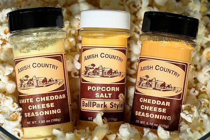 Amish Country Popcorn | BallPark Style Buttersalt - 5.5 oz, Cheddar Cheese - 4.7 oz & White Cheddar Cheese - 3.8 oz Popcorn Seasoning | Old Fashioned, Non-GMO and Gluten Free