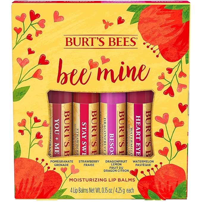 Burt's Bees Bee Mine Lip Balm Gift Set, Strawberry, Dragonfruit Lemon, Pomegranate and Watermelon, 4 Personalized Lip Balms, Pack May Vary