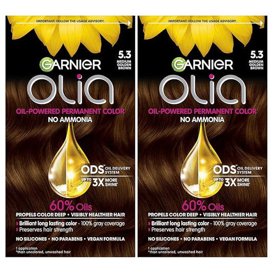 Garnier Hair Color Olia Ammonia-Free Brilliant Color Oil-Rich Permanent Hair Dye, 5.3 Medium Golden Brown, 2 Count (Packaging May Vary)
