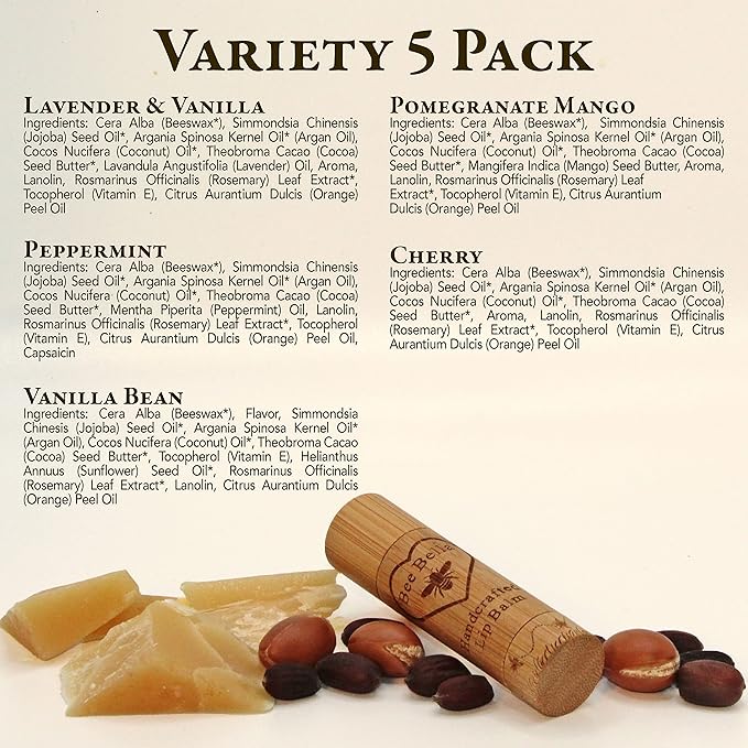 Bee Bella Lip Balm Variety Pack Gift Set, Cherry, Pomegranate Mango, Vanilla Bean, Peppermint, & Lavender Vanilla, 5 Pack - Hydrating, Moisturizing, Natural, Organic Beeswax, Vitamin E, Made in USA