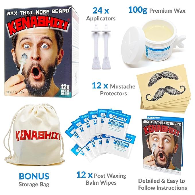 KENASHII Nose Wax Kit | 100 g Wax, 24 Applicators | Hair Removal Kit for Men and Women | Includes Balm Wipes and Mustache Guards | Lasts up to 5 Weeks