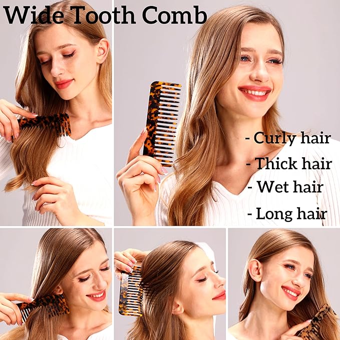 Fsmiling Wide Tooth Comb Large Detangling Comb Cellulose Detangler Comb for Women Thick Curly Wavy Wet Dry Hair 2 Pack,Tortoise shell