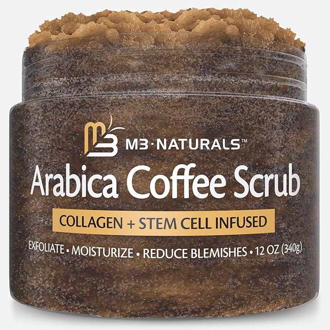 Arabica Coffee Scrub for Hands, Feet, and Body, Exfoliating Scrub with Collagen and Stem Cells, Face Cleanser for Cellulite, Fine Lines, and Stretch Marks, 12oz (1 Pack) by M3 Naturals
