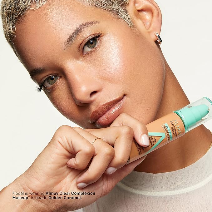 Almay Clear Complexion Acne Foundation Makeup with Salicylic Acid - Lightweight, Medium Coverage, Hypoallergenic, Fragrance-Free, for Sensitive Skin, 705 Toast, 1 fl oz.