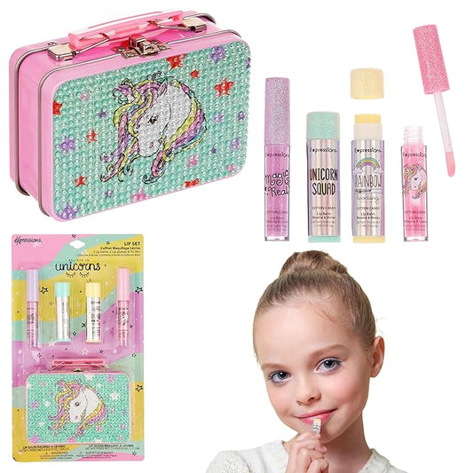 Expressions 5pc Cosmetics Lip Kit For Kids w/Lip Glosses, Lip Balms & Tin Box Storage Case I Believe in Unicorns Rhinestone,Washable + Non Toxic