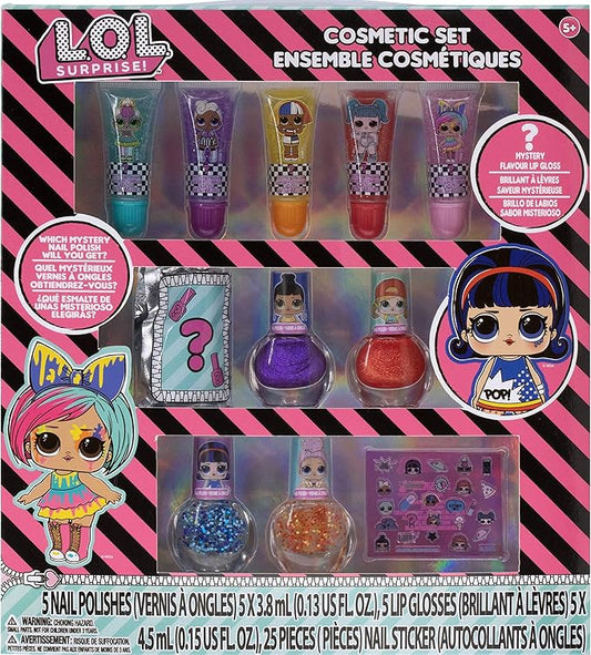 LOL Surprise Townley Girl 11 Pcs Sparkly Cosmetic Makeup Set for Kids Includes 5 Lip Gloss, 5 Nail Polish & Nail Stickers for Girls Tweens, Ages 3+ Perfect for Parties, Sleepovers and Makeovers